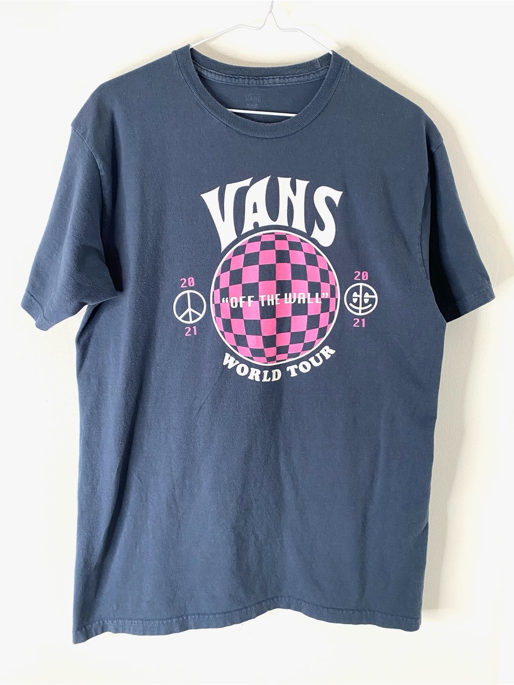 Vans Blue Graphic Tee World Tour 2021 Off The Wall Pink Checker Crew Neck Skater